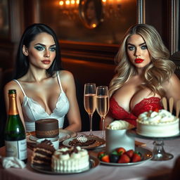 In a cozy dimly lit restaurant, two gorgeous young women are seated at an elegantly set table, adorned with a delightful assortment of cakes, desserts, and sparkling champagne