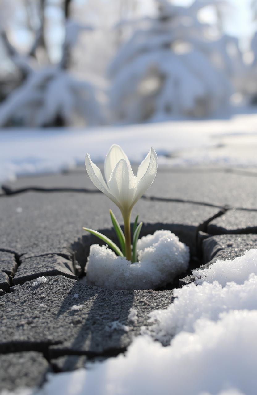 A beautiful snow flower emerging from a cracked concrete surface, showcasing its delicate petals glistening with frost