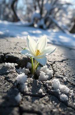 A beautiful snow flower emerging from a cracked concrete surface, showcasing its delicate petals glistening with frost