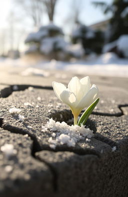 A beautiful snow flower emerging from a cracked concrete surface, showcasing its delicate petals glistening with frost
