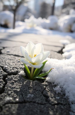 A beautiful snow flower emerging from a cracked concrete surface, showcasing its delicate petals glistening with frost