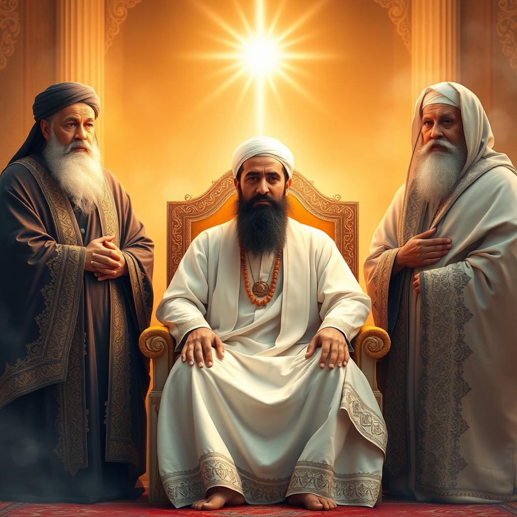 The Prophet Muhammad sitting on a chair surrounded by Imam Ali on one side and Hasan and Husayn on the other