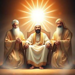 The Prophet Muhammad sitting on a chair surrounded by Imam Ali on one side and Hasan and Husayn on the other