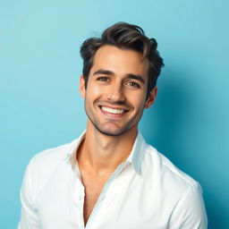 A portrait of a stylish adult male wearing a crisp, white dress shirt
