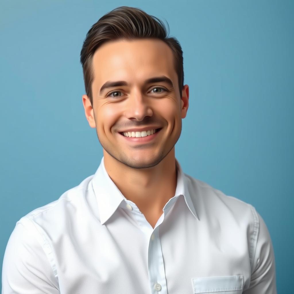 A portrait of a stylish adult male wearing a crisp, white dress shirt