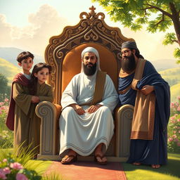 The scene depicts the Prophet Muhammad sitting gracefully on a majestic throne with a serene and peaceful expression