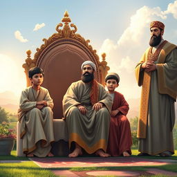 The scene depicts the Prophet Muhammad sitting gracefully on a majestic throne with a serene and peaceful expression