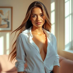 A beautiful woman with long flowing hair, wearing a white unbuttoned shirt that gently drapes over her shoulders, revealing a hint of her elegant neckline