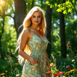 A stunning portrait of a sexy blonde woman with long flowing hair, wearing a stylish summer dress, standing confidently amidst a lush green forest