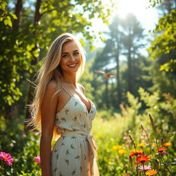 A stunning portrait of a sexy blonde woman with long flowing hair, wearing a stylish summer dress, standing confidently amidst a lush green forest