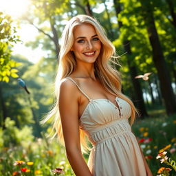 A stunning portrait of a sexy blonde woman with long flowing hair, wearing a stylish summer dress, standing confidently amidst a lush green forest