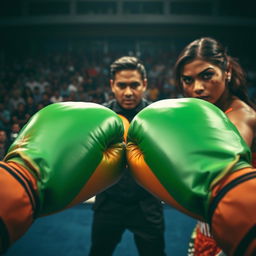 A thrilling point of view shot depicting an intense boxing match