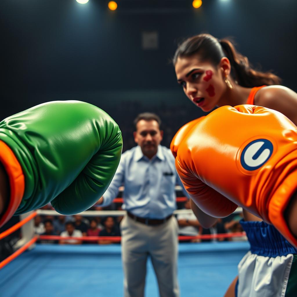 A thrilling point of view shot depicting an intense boxing match