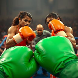 A thrilling point of view shot depicting an intense boxing match