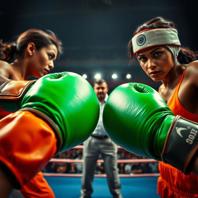 A thrilling point of view shot depicting an intense boxing match