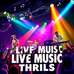 A vibrant and dynamic music concert poster featuring a lively band performing on stage