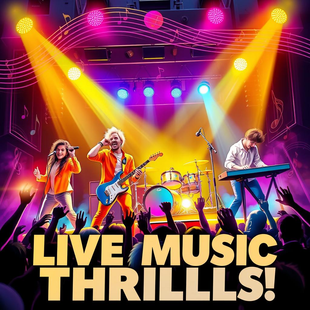 A vibrant and dynamic music concert poster featuring a lively band performing on stage