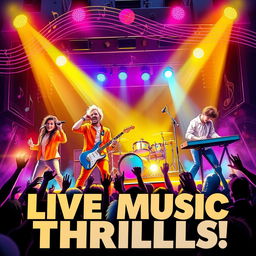 A vibrant and dynamic music concert poster featuring a lively band performing on stage