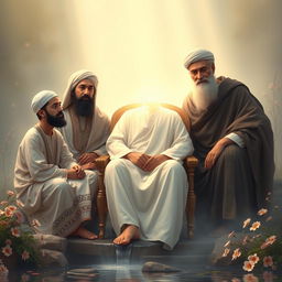 A serene and respectful portrayal of the Prophet Muhammad, depicted sitting gracefully on a chair, surrounded by his beloved grandsons, Hassan and Hussein, as well as Imam Ali, embodying warmth and familial love