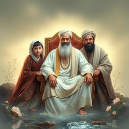A serene and respectful portrayal of the Prophet Muhammad, depicted sitting gracefully on a chair, surrounded by his beloved grandsons, Hassan and Hussein, as well as Imam Ali, embodying warmth and familial love