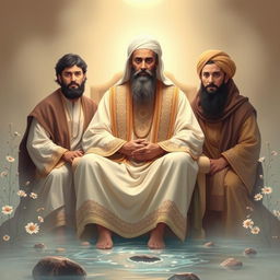 A serene and respectful portrayal of the Prophet Muhammad, depicted sitting gracefully on a chair, surrounded by his beloved grandsons, Hassan and Hussein, as well as Imam Ali, embodying warmth and familial love