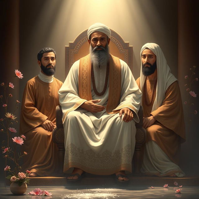 A serene and respectful portrayal of the Prophet Muhammad, depicted sitting gracefully on a chair, surrounded by his beloved grandsons, Hassan and Hussein, as well as Imam Ali, embodying warmth and familial love