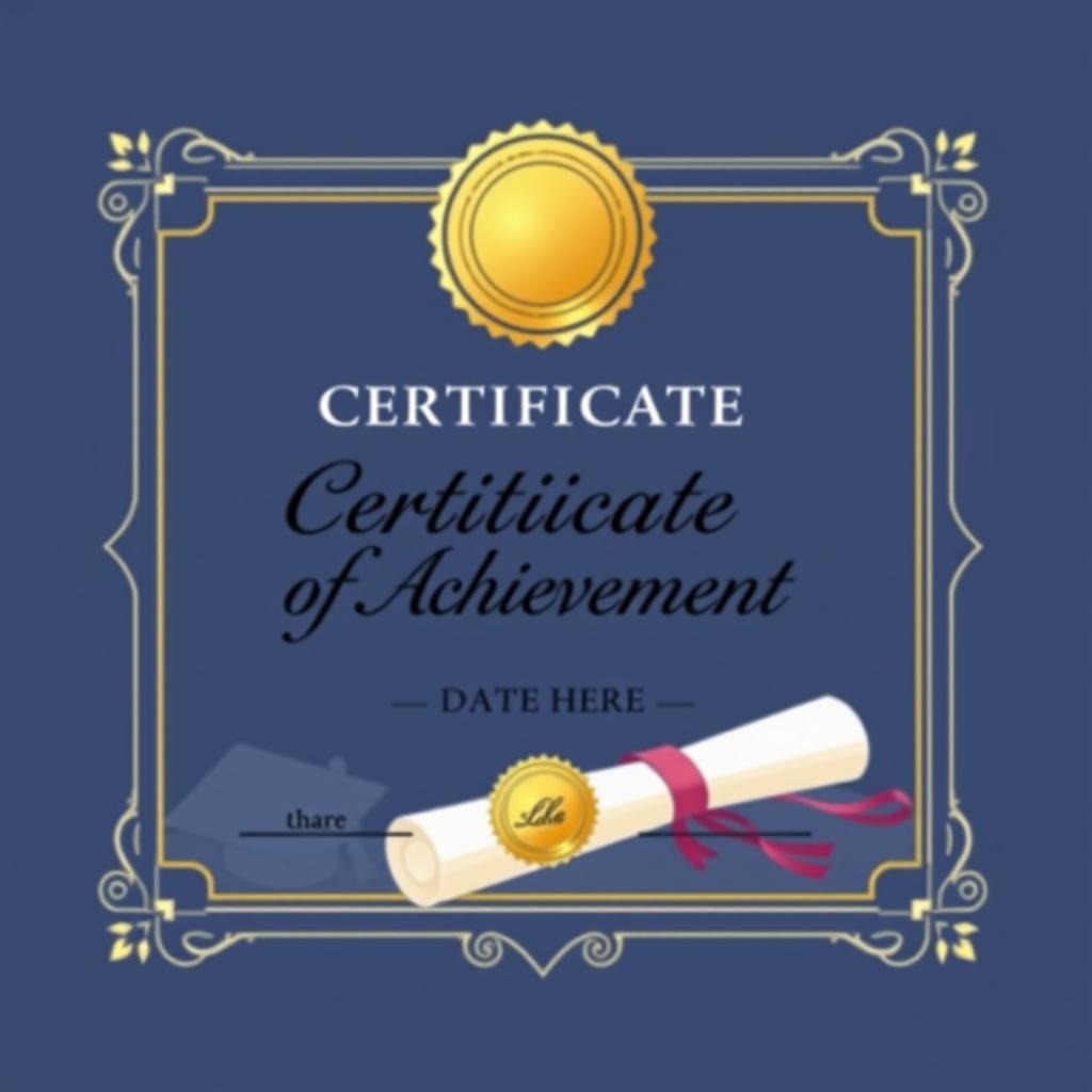 An elegant certificate design featuring a sophisticated border, a prominent golden seal in the center, and elegant typography for the title saying 'Certificate of Achievement'