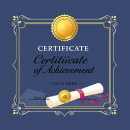 An elegant certificate design featuring a sophisticated border, a prominent golden seal in the center, and elegant typography for the title saying 'Certificate of Achievement'