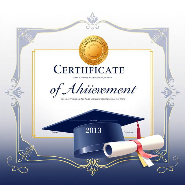 An elegant certificate design featuring a sophisticated border, a prominent golden seal in the center, and elegant typography for the title saying 'Certificate of Achievement'