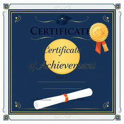 An elegant certificate design featuring a sophisticated border, a prominent golden seal in the center, and elegant typography for the title saying 'Certificate of Achievement'