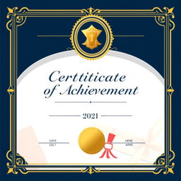 An elegant certificate design featuring a sophisticated border, a prominent golden seal in the center, and elegant typography for the title saying 'Certificate of Achievement'