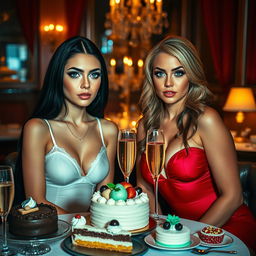 In a cozy, dimly lit restaurant, two stunning young women are seated at an elegantly decorated table, surrounded by a lavish assortment of cakes, desserts, and sparkling champagne