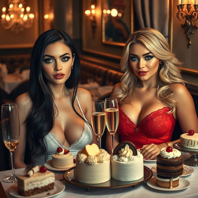 In a cozy, dimly lit restaurant, two stunning young women are seated at an elegantly decorated table, surrounded by a lavish assortment of cakes, desserts, and sparkling champagne