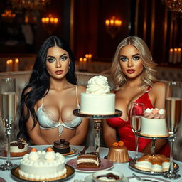 In a cozy, dimly lit restaurant, two stunning young women are seated at an elegantly decorated table, surrounded by a lavish assortment of cakes, desserts, and sparkling champagne