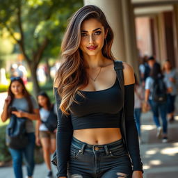 A stunningly beautiful Spanish college girl with very large breasts, exuding a playful and flirtatious vibe