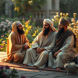 A serene and respectful depiction of the Prophet Muhammad (peace be upon him) sitting peacefully, surrounded by his grandson Hasan and Husayn, and his cousin Ali, in a traditional, historical Arabic setting