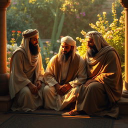 A serene and respectful depiction of the Prophet Muhammad (peace be upon him) sitting peacefully, surrounded by his grandson Hasan and Husayn, and his cousin Ali, in a traditional, historical Arabic setting