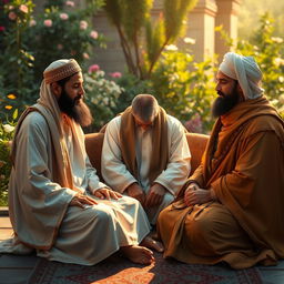 A serene and respectful depiction of the Prophet Muhammad (peace be upon him) sitting peacefully, surrounded by his grandson Hasan and Husayn, and his cousin Ali, in a traditional, historical Arabic setting