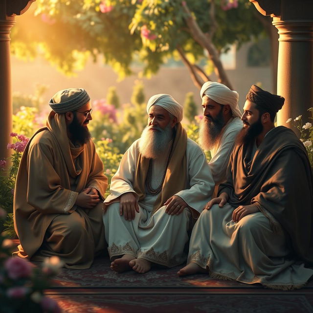 A serene and respectful depiction of the Prophet Muhammad (peace be upon him) sitting peacefully, surrounded by his grandson Hasan and Husayn, and his cousin Ali, in a traditional, historical Arabic setting