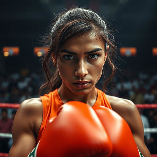 A boxing point of view shot focusing on a determined female Indian fighter, facing the camera directly