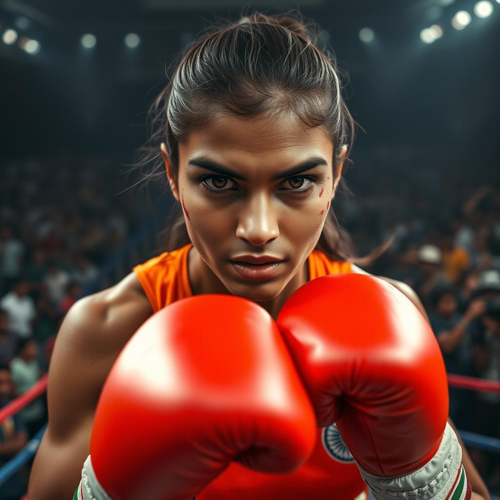 A boxing point of view shot focusing on a determined female Indian fighter, facing the camera directly