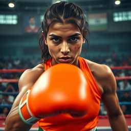 A boxing point of view shot focusing on a determined female Indian fighter, facing the camera directly