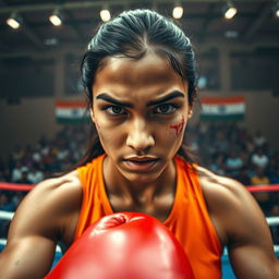 A boxing point of view shot focusing on a determined female Indian fighter, facing the camera directly