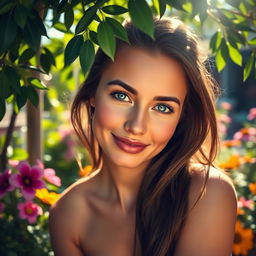 A stunning portrait of a young adult woman with striking features, sitting in a luxurious outdoor setting surrounded by lush greenery and colorful flowers