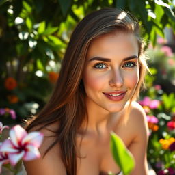 A stunning portrait of a young adult woman with striking features, sitting in a luxurious outdoor setting surrounded by lush greenery and colorful flowers