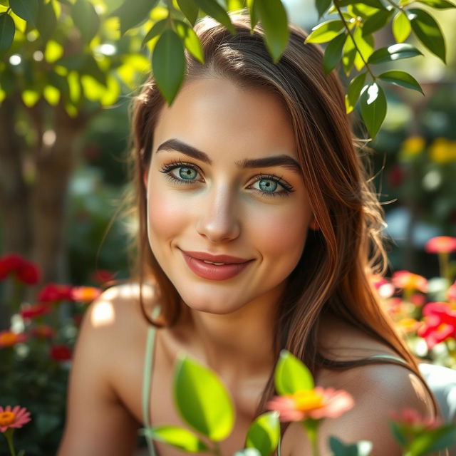 A stunning portrait of a young adult woman with striking features, sitting in a luxurious outdoor setting surrounded by lush greenery and colorful flowers