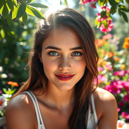 A stunning portrait of a young adult woman with striking features, sitting in a luxurious outdoor setting surrounded by lush greenery and colorful flowers