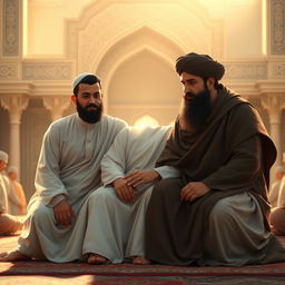 A serene and respectful depiction of Prophet Muhammad sitting with his grandsons, Hasan and Husayn, and his cousin and son-in-law, Ali
