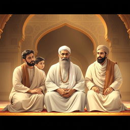 A serene and respectful depiction of Prophet Muhammad sitting with his grandsons, Hasan and Husayn, and his cousin and son-in-law, Ali