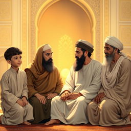 A serene and respectful depiction of Prophet Muhammad sitting with his grandsons, Hasan and Husayn, and his cousin and son-in-law, Ali